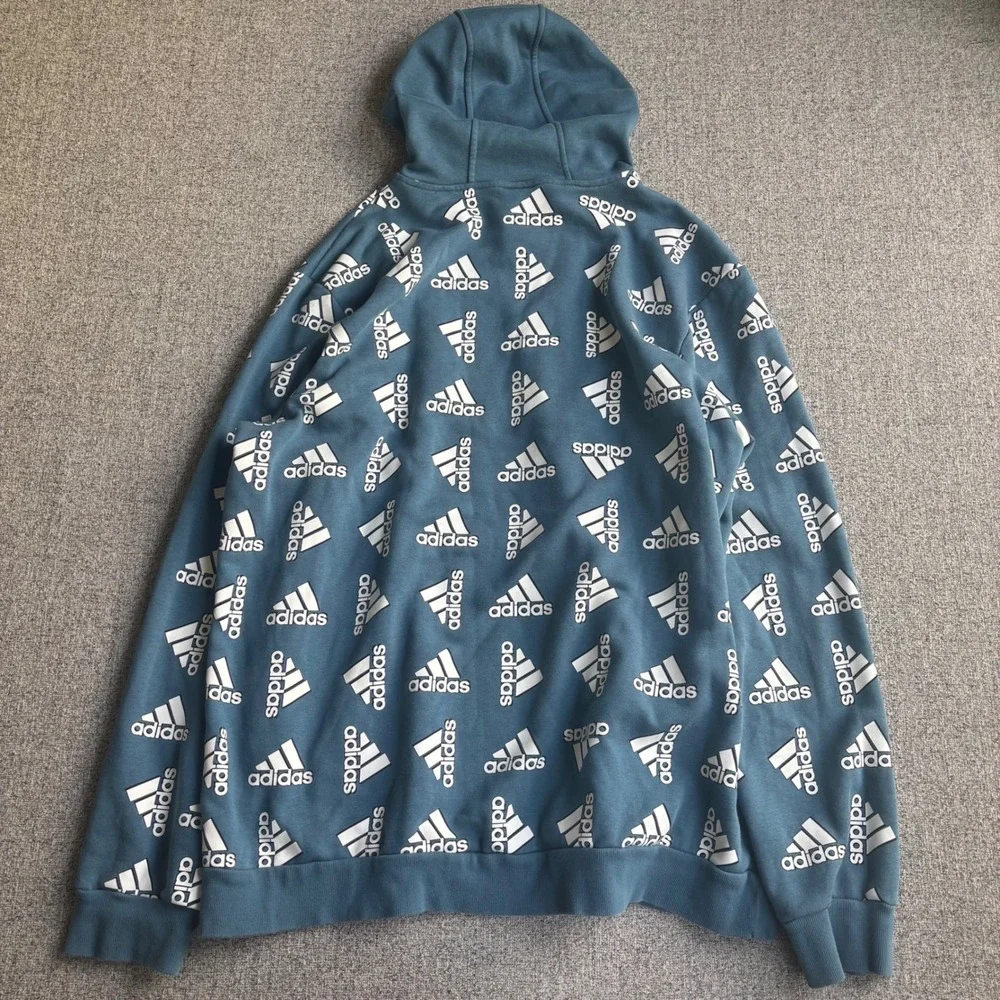 Adidas Hoodie Mens 2XL Blue All Over Print Logo Pullover Fleece Sweatshirt